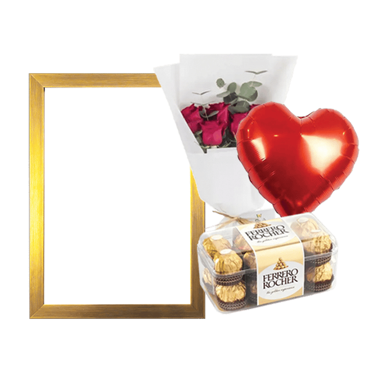 A5 Photo Frame Bundle (Personalized Golden Photo Frame, Flowers, Balloon & Chocolate)