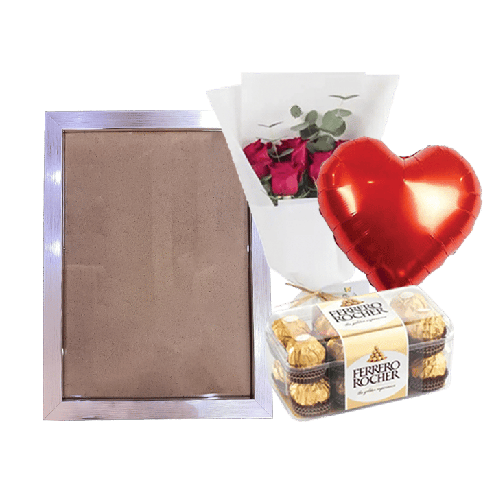 A5 Photo Frame Bundle (Personalized Silver Metallic Photo Frame, Flowers, Balloon & Chocolate)