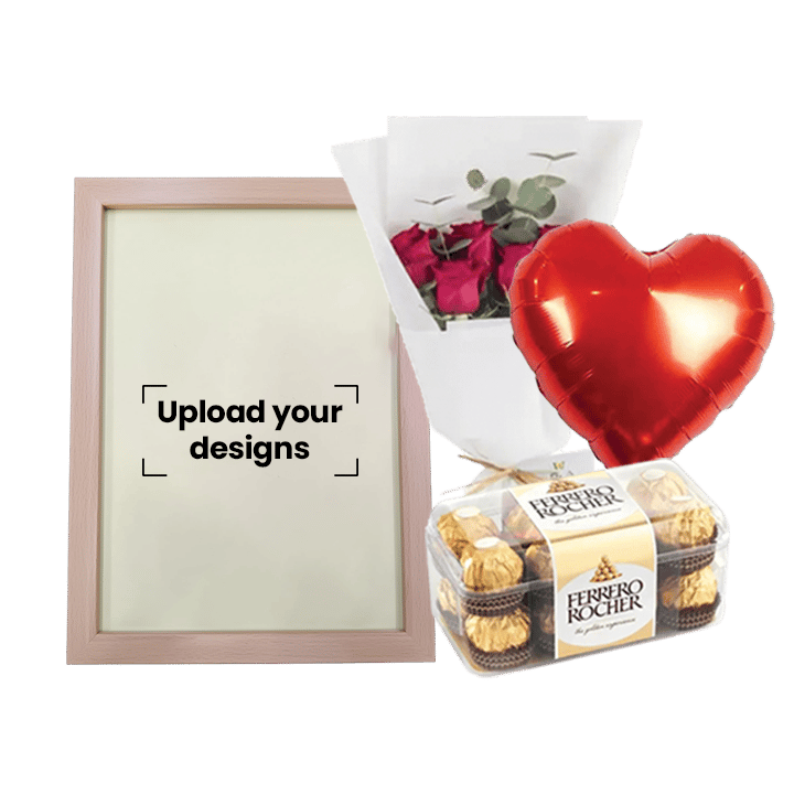 A5 Photo Frame Bundle (Personalized Oak Wood Photo Frame, Flowers, Balloon & Chocolate)