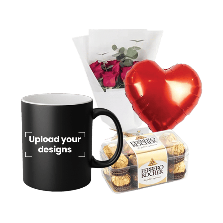 Magic Mug Bundle (Personalized Matte Black Magic Mug, Flowers, Balloon & Chocolate)