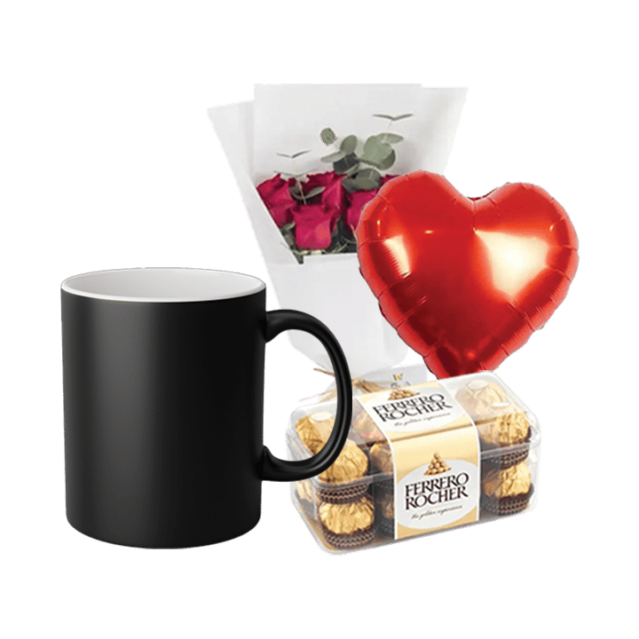 Magic Mug Bundle (Personalized Matte Black Magic Mug, Flowers, Balloon & Chocolate)