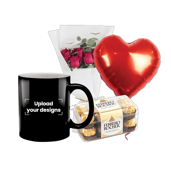 Magic Mug Bundle (Personalized Glossy Black Magic Mug, Flowers, Balloon & Chocolate)