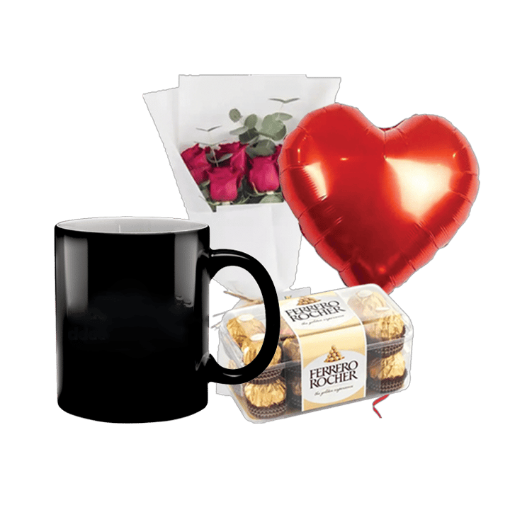 Magic Mug Bundle (Personalized Glossy Black Magic Mug, Flowers, Balloon & Chocolate)