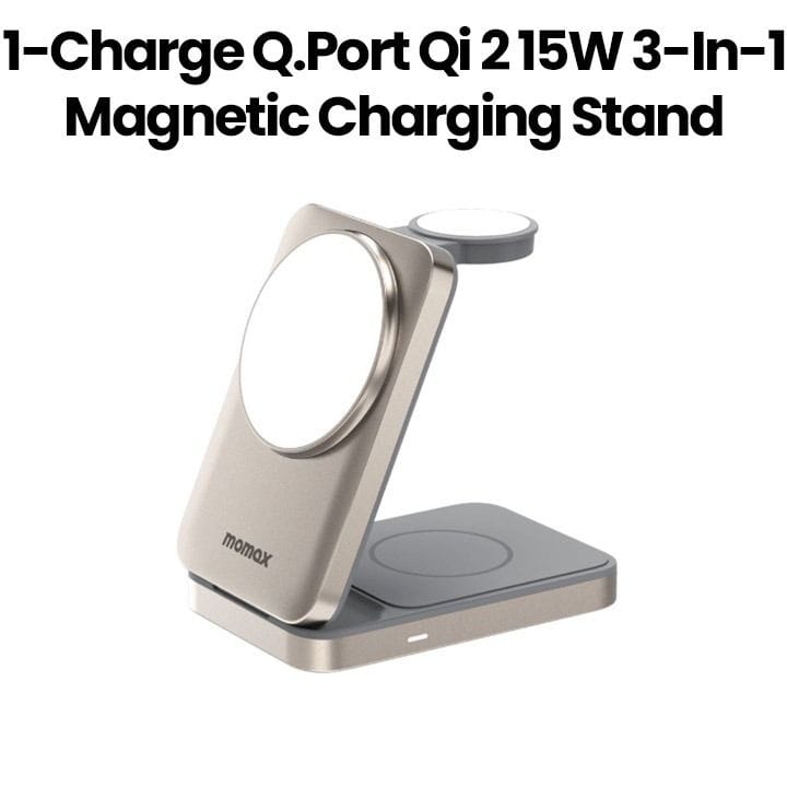 Momax 1-Charge Q.Port Qi 2 15W 3-in-1 Magnetic Wireless Charging Stand | Titanium | UD36L