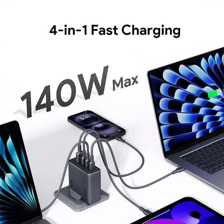 أوكي شاحن حائط Mix 4 PD 140W بأربع منافذ مع PPS للابتوب والموبايل - رمادي | PA-C6