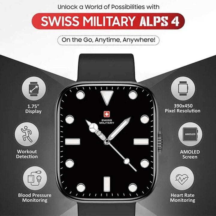 Swiss Military Smart Watch with Black Frame & Black Silicon Strap | SM-WCH-ALPS4-BLKF-BLKSS