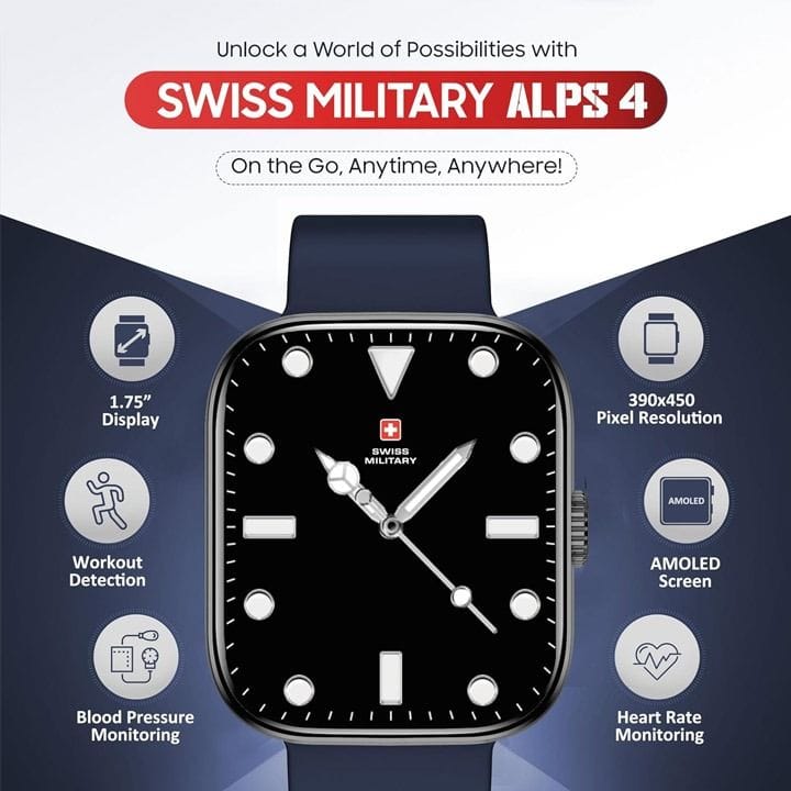 سويس ميليتاري ساعة ذكية بإطار فضي وسوار سيليكون أزرق SM-WCH-ALPS4-SILF-BLUSS