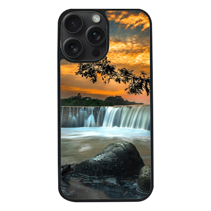 iPhone 15 Pro Max Black Case Printed With Scenic View Waterfall Againest Sky Sunset