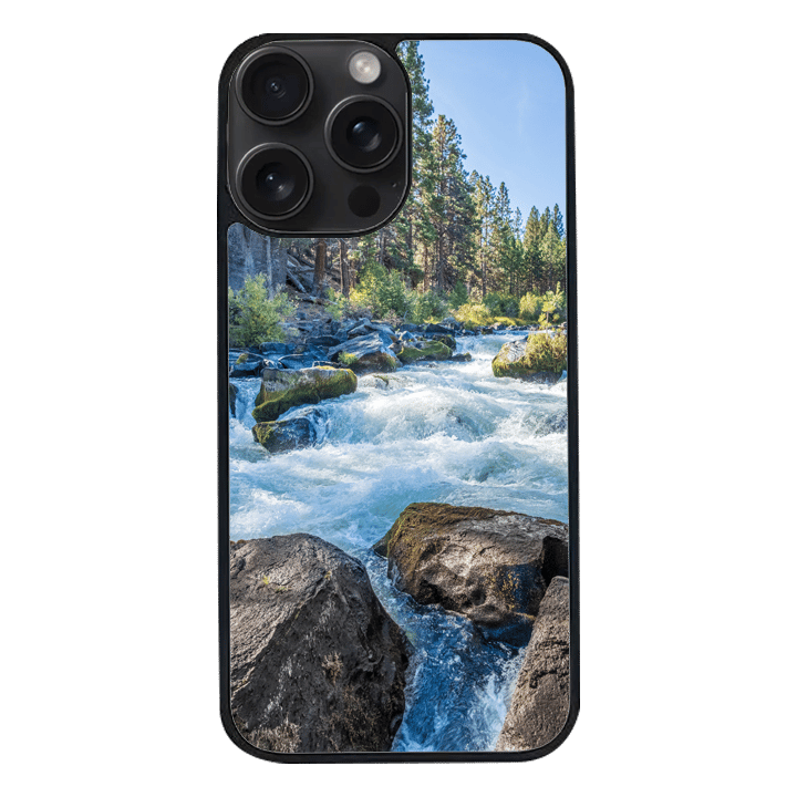 iPhone 15 Pro Max Black Case  Printed With River Surrounded With Flowers Autumn Daytime