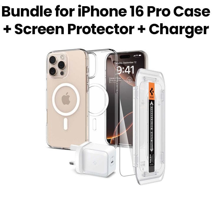 Spigen iPhone 16 Pro Bundle Case, Screen Protector & Type-C Charger | Clear