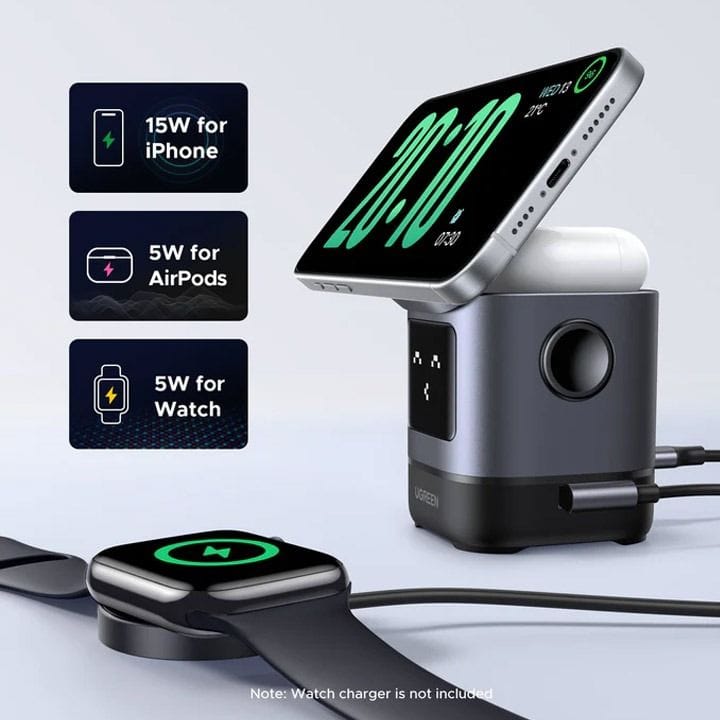 UGREEN 2-in-1 Robot Wireless Charger for iPhone & AirPods | Grey | UG-Qi2MAG-STND-W709-2IN1-GRY