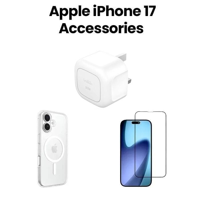 حزمة إكسسوارات بيليكن لآيفون 17 تشمل غطاء شفاف MegSafe + واقي شاشة زجاجي + شاحن حائطي USB-C بقوة 30 واط | شفاف