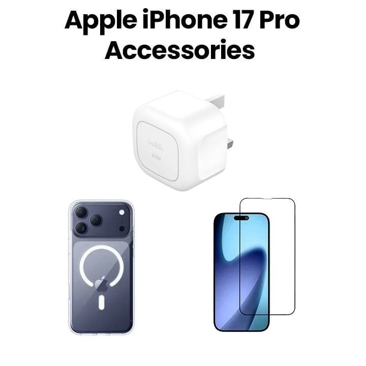 حزمة إكسسوارات بيليكن لآيفون 17 برو تشمل غطاء شفاف MegSafe + واقي شاشة زجاجي + شاحن حائطي USB-C بقوة 30 واط | شفاف