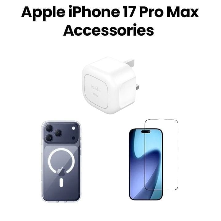 حزمة إكسسوارات بيليكن لآيفون 17 برو ماكس تشمل غطاء شفاف MegSafe + واقي شاشة زجاجي + شاحن حائطي USB-C بقوة 30 واط | شفاف
