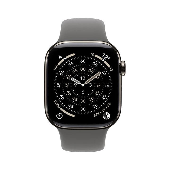 Apple Watch Series 11 GPS + Cellular S/M 46mm, Always On Retina Display, All Day Battery Life - Natural Titanium Case With Stone Gray Sport Band - MFCW4AF/A