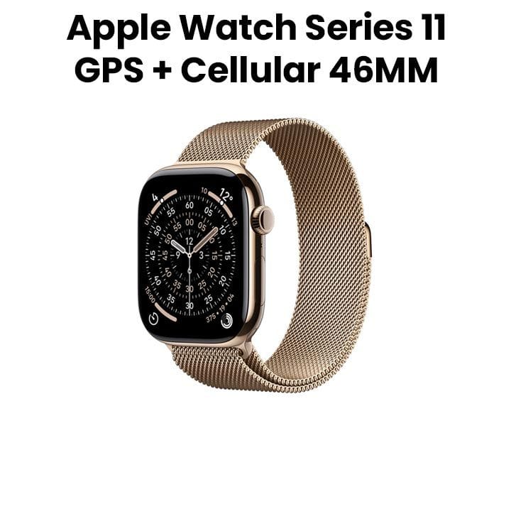Apple Watch Series 11 GPS + Cellular S/M 46mm, Always On Retina Display, All Day Battery Life - Gold Titanium Case With Gold Milanese Loop - MFD74AF/A