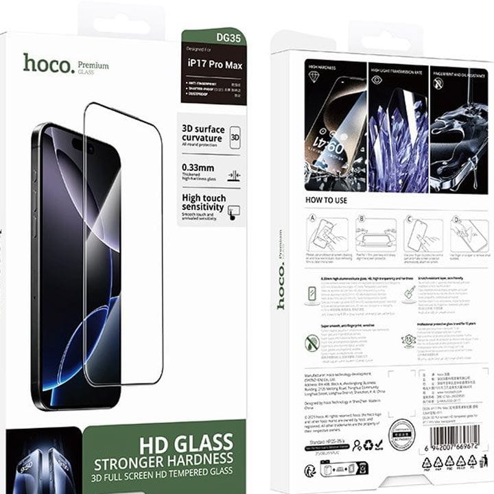 HOCO 3D Full Screen HD Tempered Glass for iPhone 17 Pro Max – Transparent | DG35