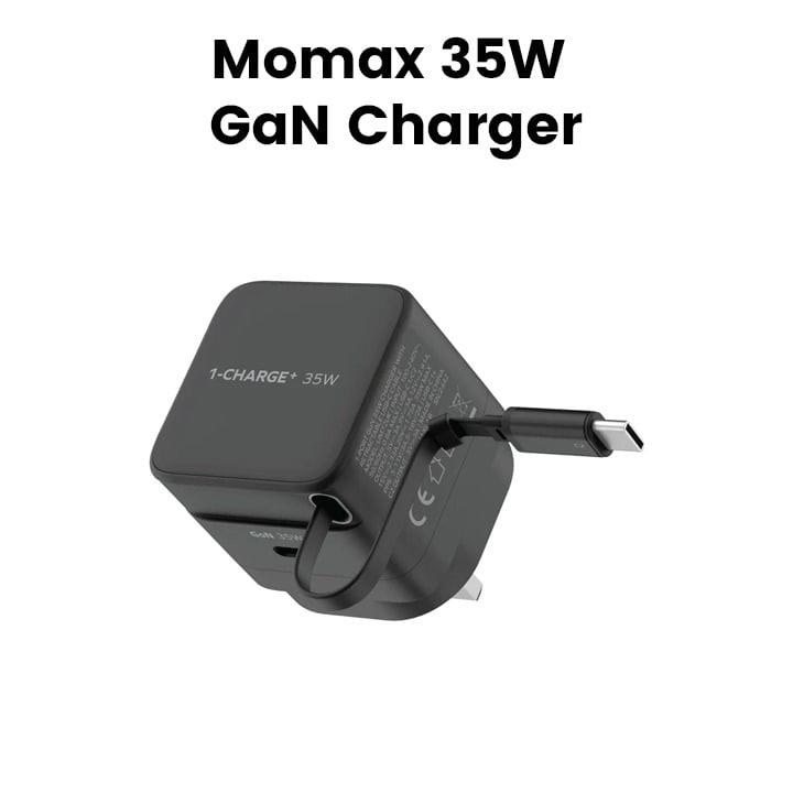 مومّاكس شاحن GaN 1-Charge بقدرة 35 واط بمنفذ واحد وكابل USB-C مدمج – أسود | UM72UKD