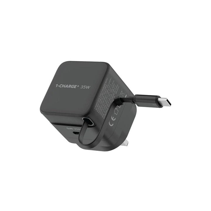 مومّاكس شاحن GaN 1-Charge بقدرة 35 واط بمنفذ واحد وكابل USB-C مدمج – أسود | UM72UKD