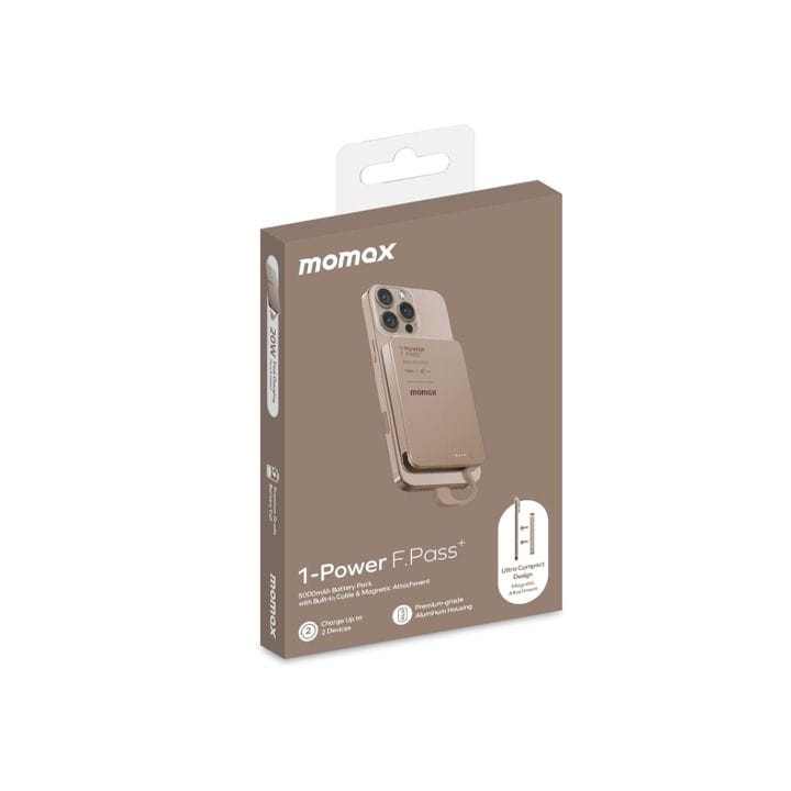 مومّاكس بنك طاقة 1-Power F.Pass+ بسعة 5000 مللي أمبير مع كابل مدمج – لون تيتانيوم صحراوي | IP157L2