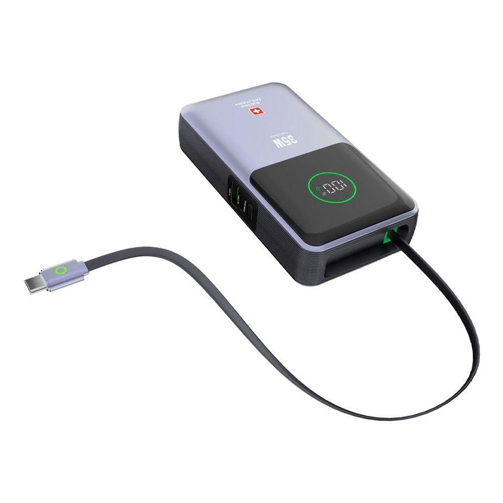 Swiss Military 10,000 mAh Power Bank with LED Display 35W Fast Charging – Silver |SM-PB-10K-35W-LED-CBL