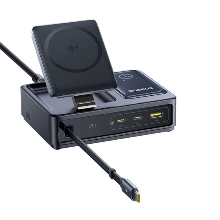 بايسوس شاحن مكتب 5 في 1 Nomos بقدرة 140 واط 3C+U مع شحن لاسلكي Qi2 – أسود | P10178800123-00