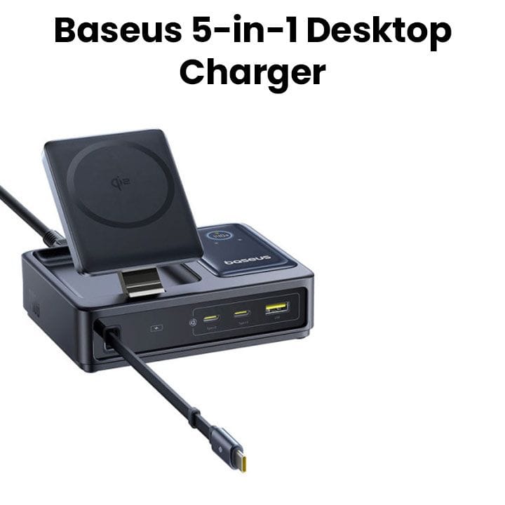 بايسوس شاحن مكتب 5 في 1 Nomos بقدرة 140 واط 3C+U مع شحن لاسلكي Qi2 – أسود | P10178800123-00