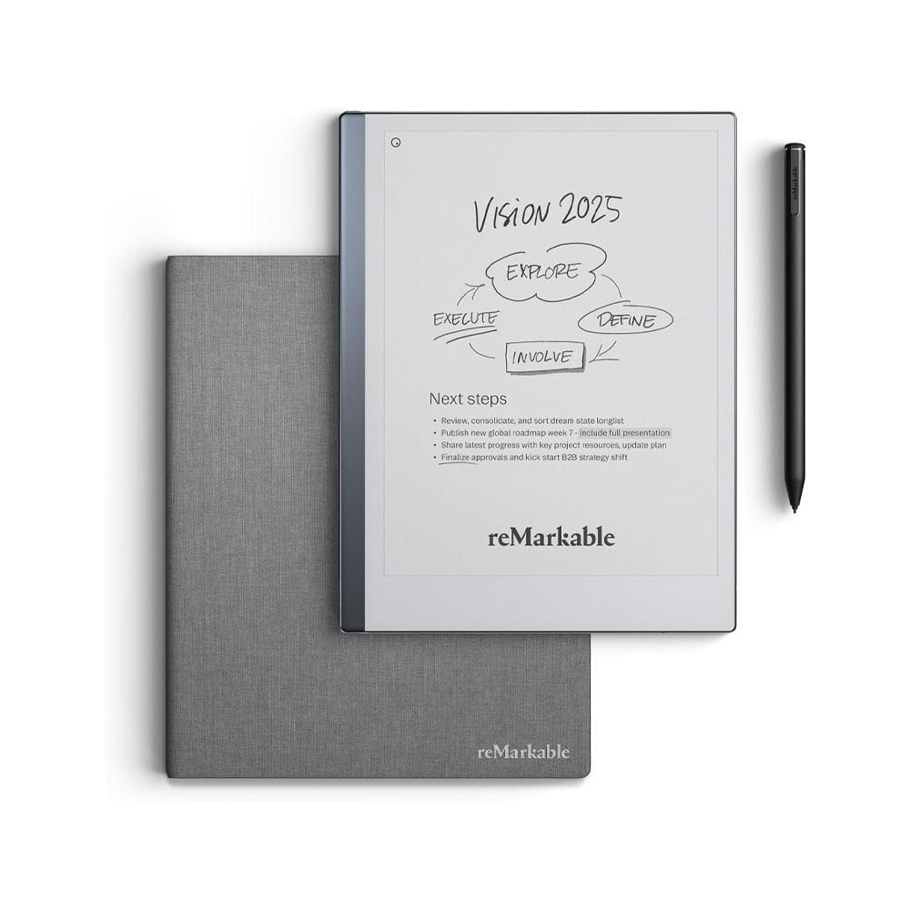 حزمة reMarkable 2 الأساسية، جهاز لوحي ورقي بشاشة CANVAS مقاس 10.3 بوصة، قلم Marker Plus، تحويل الكتابة اليدوية إلى نص وغطاء Book Folio | رمادي - RM114