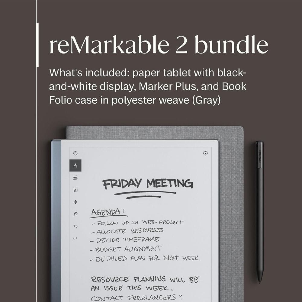 حزمة reMarkable 2 الأساسية، جهاز لوحي ورقي بشاشة CANVAS مقاس 10.3 بوصة، قلم Marker Plus، تحويل الكتابة اليدوية إلى نص وغطاء Book Folio | رمادي - RM114