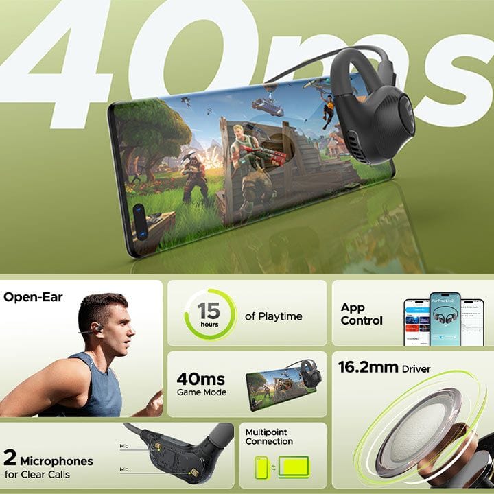 SoundPEATS RunFree Lite 2 Open-Ear Air Conduction Headphones BT 5.3, 15H Playtime – Black | RunFree Lite 2 Black