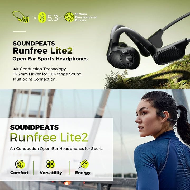 SoundPEATS RunFree Lite 2 Open-Ear Air Conduction Headphones BT 5.3, 15H Playtime – Black | RunFree Lite 2 Black