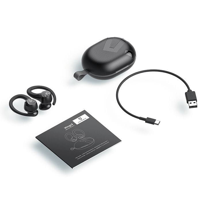 سماعات أذن لاسلكية حقيقية مع خطاف للأذن SoundPEATS Wings 2، بلوتوث 5.1، 30 ساعة تشغيل، تحكم عبر التطبيق – أسود