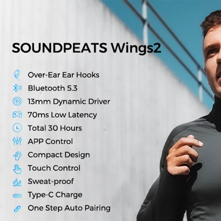 سماعات أذن لاسلكية حقيقية مع خطاف للأذن SoundPEATS Wings 2، بلوتوث 5.1، 30 ساعة تشغيل، تحكم عبر التطبيق – أسود