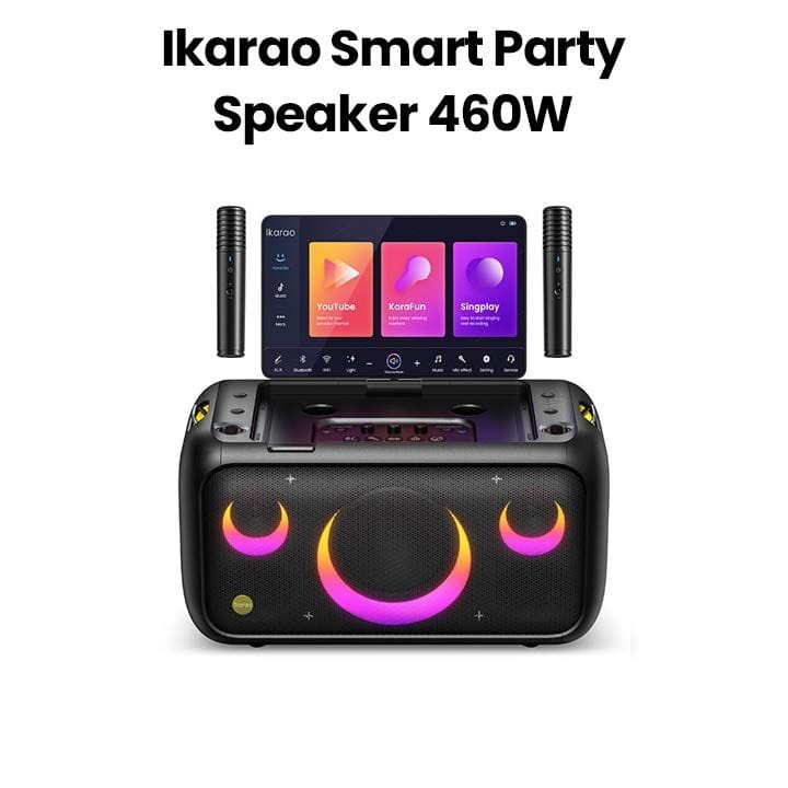 Ikarao Smart Party Speaker 460W with 13.3″ HD Screen, Wireless Mic, Wi-Fi, HDMI, RGB – Black | Break X1
