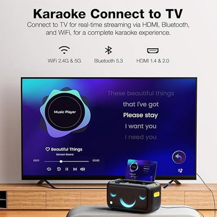 مكبر صوت حفلات ذكي إيكاراو 460 واط مع شاشة HD 13.3″، ميكروفون لاسلكي، واي-فاي، HDMI، إضاءة RGB – أسود
