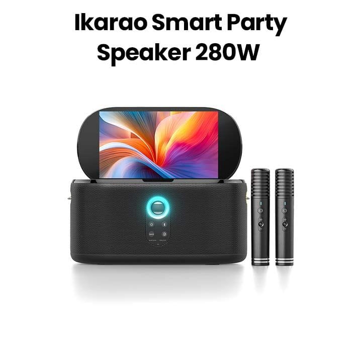 Ikarao Smart Party Speaker 280W with 10.1″ HD Screen, Wireless Mic, Wi-Fi, HDMI, RGB – Black | Shell S1