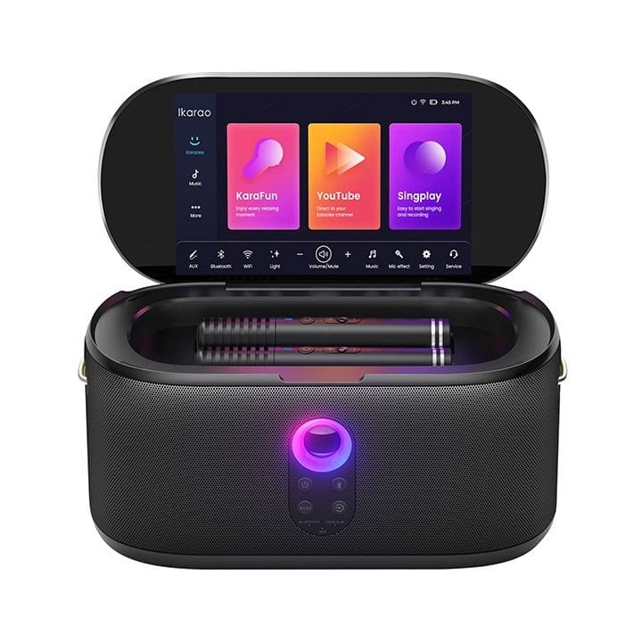 Ikarao Smart Party Speaker 280W with 10.1″ HD Screen, Wireless Mic, Wi-Fi, HDMI, RGB – Black | Shell S1