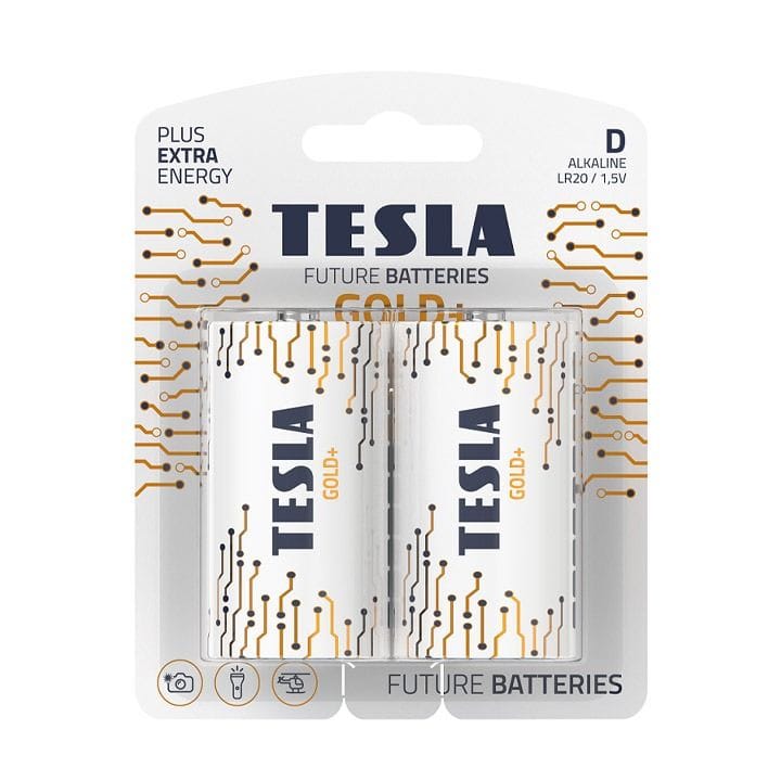 Tesla Alkaline D Gold+ Batteries LR20 1.5V – 2 Pack Long-Lasting Power for Flashlights, Radios & Electronics | 8594183396606