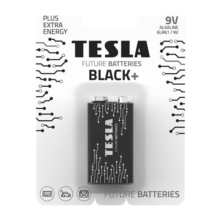 Tesla Alkaline 9V Black+ Battery 6LR61 – 1 Pack Long-Lasting Power for SmokeDetectors, Alarms, Toys & Electronics | 8594183396736