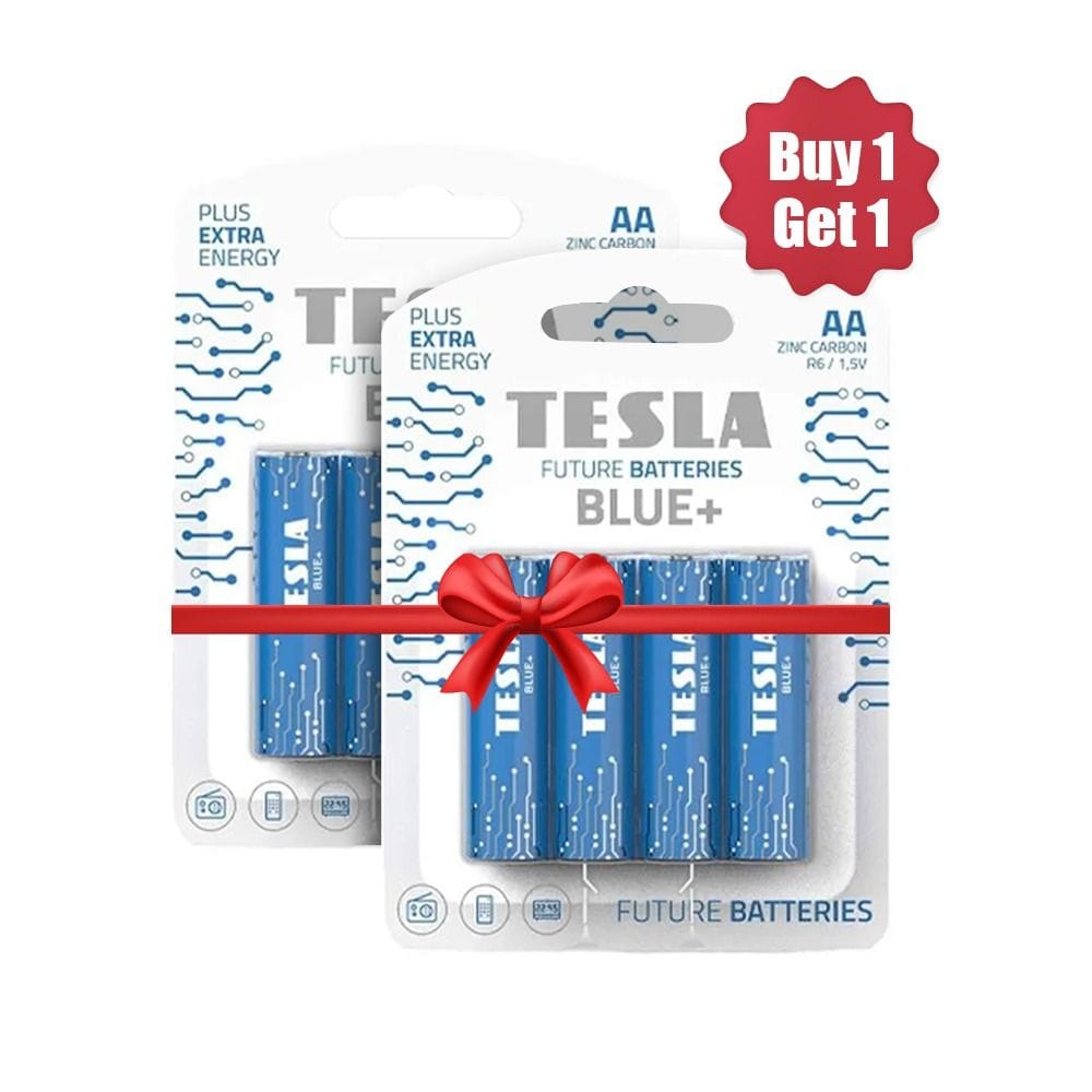 Tesla Zinc Carbon AA Blue+ Batteries R6 – 4 Pack Reliable Power for Remote Controls, Clocks & Toys | 8594183392165 | Buy 1 Get 1 Free