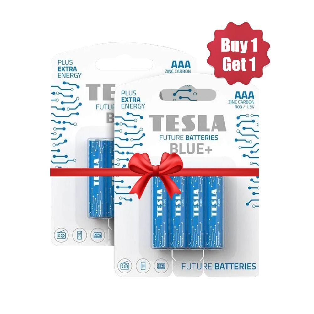 Tesla Zinc Carbon AAA Blue+ Batteries R3 – 4 Pack Reliable Power for Remote Controls, Clocks & Toys | 8594183392196 | Buy 1 Get 1 Free