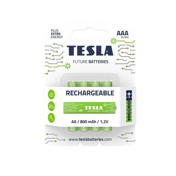 Tesla AAA Green+ NiMH 800mAh 1.2V Rechargeable Batteries – 4 Pack High-Capacity Reusable Power for Toys & Electronics | 8594183392295