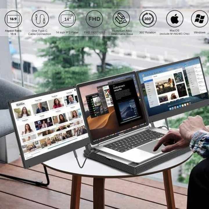 في 2 كوم أف 3 شاشة توسعة ثلاثية للابتوب 14 بوصة – شاشات فل اتش دي IPS، قاعدة ألومنيوم، يو إس بي-سي / اتش دي ام آي توصيل وتشغيل | أسود - F3