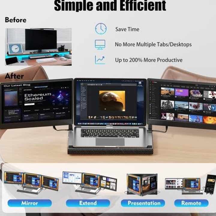 في 2 كوم أف 3 شاشة توسعة ثلاثية للابتوب 14 بوصة – شاشات فل اتش دي IPS، قاعدة ألومنيوم، يو إس بي-سي / اتش دي ام آي توصيل وتشغيل | أسود - F3