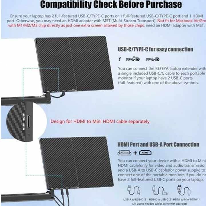 في 2 كوم أف 3 شاشة توسعة ثلاثية للابتوب 14 بوصة – شاشات فل اتش دي IPS، قاعدة ألومنيوم، يو إس بي-سي / اتش دي ام آي توصيل وتشغيل | أسود - F3