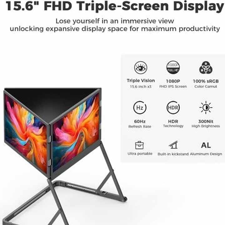 V2COM Q1 15.6″ Quad-Triple Laptop Monitor Extender – Full HD 1080p IPS Display, HDR Portable Screen, Multi-Screen Productivity | Black-Q1