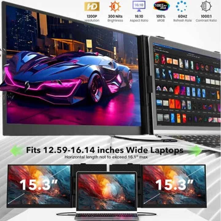 في 2 كوم أس 8 ألترا ماكس موسّع شاشة لابتوب فائق النحافة 15.3 بوصة – شاشة محمولة FHD 1200p، شاشة IPS، يو إس بي-سي توصيل وتشغيل | أسود - S8