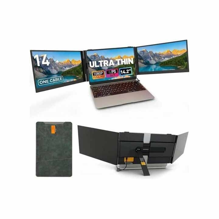 V2COM S8 Ultra 14″ Triple Laptop Screen Extender – Full HD 1080p IPS Display, Multi-Screen Productivity, Portable Plug & Play | Black-S8
