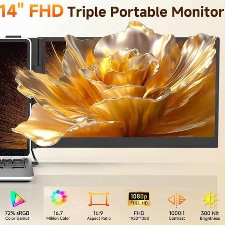 في 2 كوم أس 8 برو موسّع شاشة ثلاثي للابتوب 14 بوصة – شاشة فل اتش دي 1080p IPS، إنتاجية متعددة الشاشات، توصيل وتشغيل | أسود - S8 Pro
