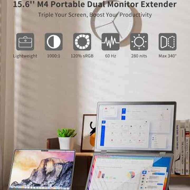 في 2 كوم أم 4 دوال موسّع شاشة لابتوب مزدوج 15.6 بوصة فل اتش دي – شاشة قابلة للطي 1080p IPS، إنتاجية بشاشتين، يو إس بي-سي توصيل وتشغيل | أسود - M4